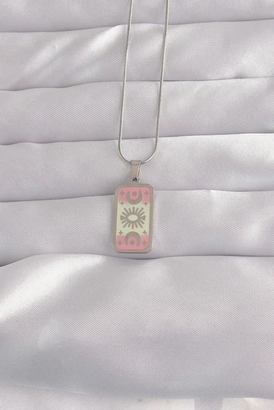 HEYF 316L Çelik Gümüş Renk Pembe Mineli Ay Figür Tarot Kolye ürün görseli