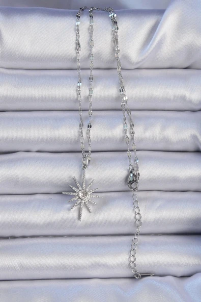 HEYF 316L Çelik Zincir Gümüş Renk Zirkon Taşlı Kutup Yıldızı Kolye - Resim 2