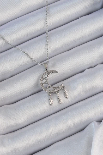 HEYF 316L Çelik Zincir Gümüş Renk İşlemeli Zirkon Taşlı Ay Kolye ürün görseli