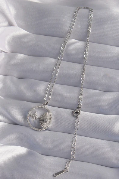 HEYF 316L Çelik Zincir Gümüş Renk Zirkon Taşlı Yıldız Figürlü Oval Kolye - 2