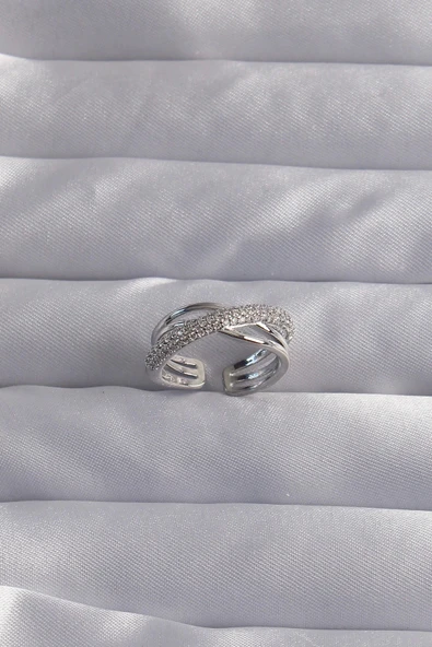 HEYF Pirinç Ayarlamalı Gümüş Renk Zirkon Taşlı Çapraz Görünüm Yüzük ürün görseli 1