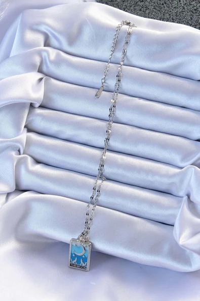 HEYF 316L Çelik Zincir Gümüş Renk Mavi Mineli Ay Figür Tarot Kolye - 2