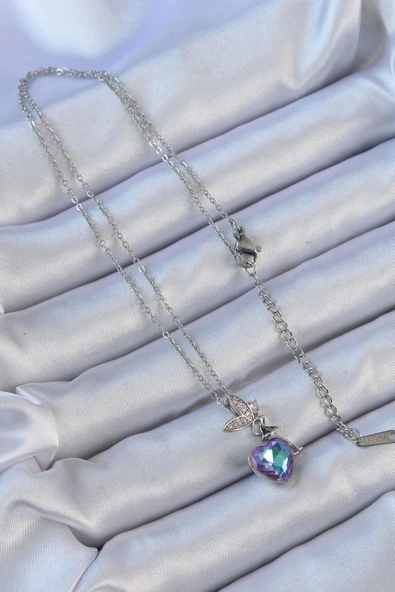 HEYF 316L Çelik Zincir Gümüş Renk Mor Mavi Renk Zirkon Taşlı Kalp Detay Peri Kolye - Resim 2