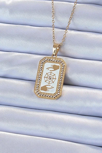HEYF 316L Çelik Zincir Altın Renk Mineli Zirkon Taşlı Göz Figür Tarot Kolye ürün görseli 1