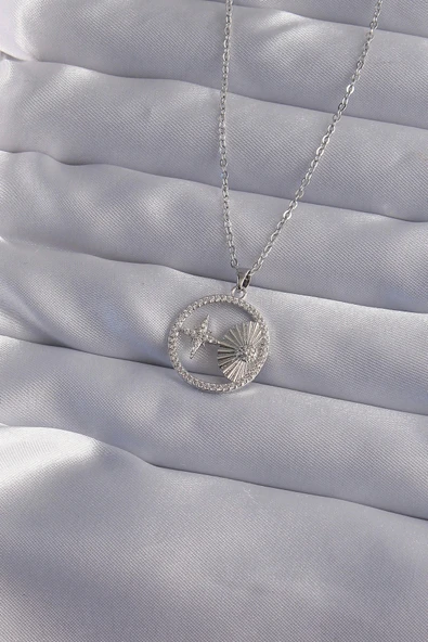 HEYF 316L Çelik Zincir Gümüş Renk Zirkon Taşlı Yıldız Figürlü Oval Kolye