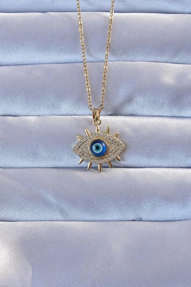 HEYF 316L Altın Renk Zirkon Taşlı Nazarlı Göz Kolye ürün görseli 1