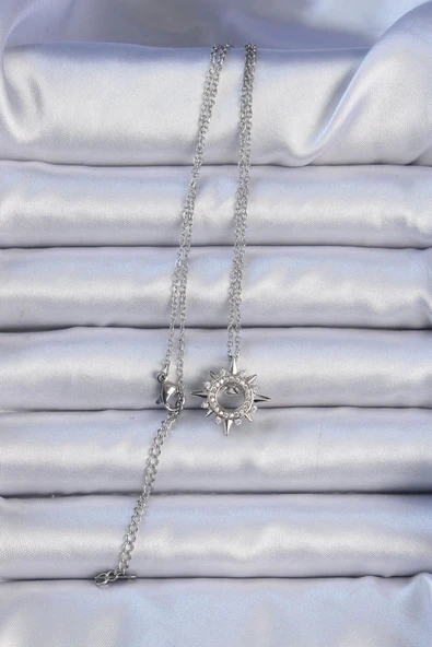 HEYF 316L Çelik Zincir Gümüş Renk Zirkon Taşlı Parlayan Yıldız Kolye - Resim 2