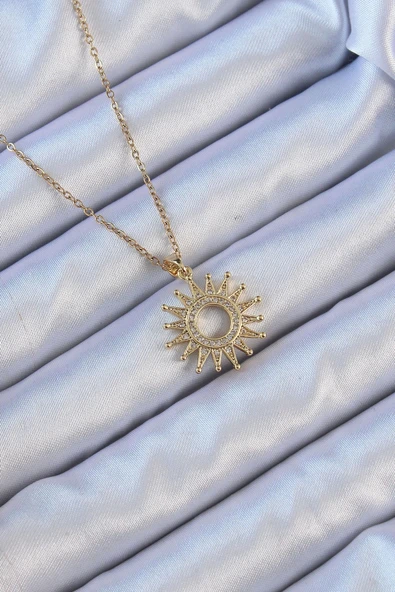 HEYF 316L Çelik Zincir Altın Renk Zirkon Taşlı Parlayan Güneş Kolye ürün görseli 1