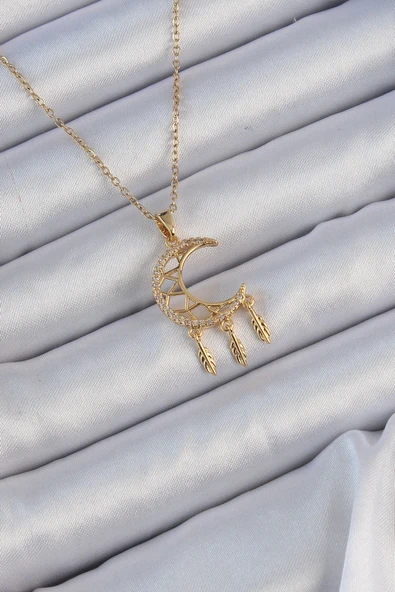HEYF 316L Çelik Zincir Altın Renk İşlemeli Zirkon Taşlı Ay Kolye ürün görseli 1