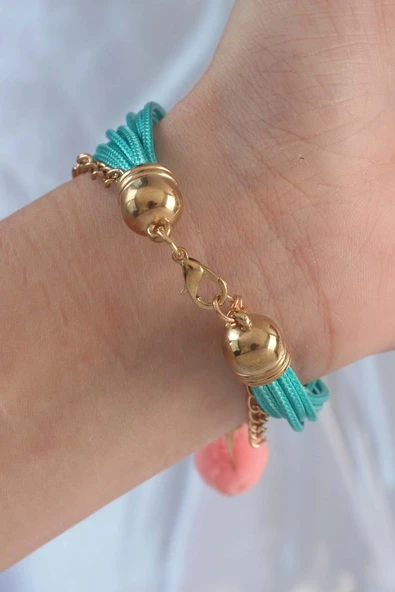 HEYF Turkuaz Renk Kar Tanesi Figür Zincir Detay İpli Çoklu Bileklik - Resim 2