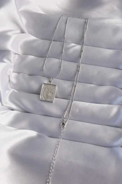 HEYF 316L Çelik Zincir Gümüş Renk Zirkon Taşlı Ay Yıldız Figürlü Tarot Kolye - Resim 2