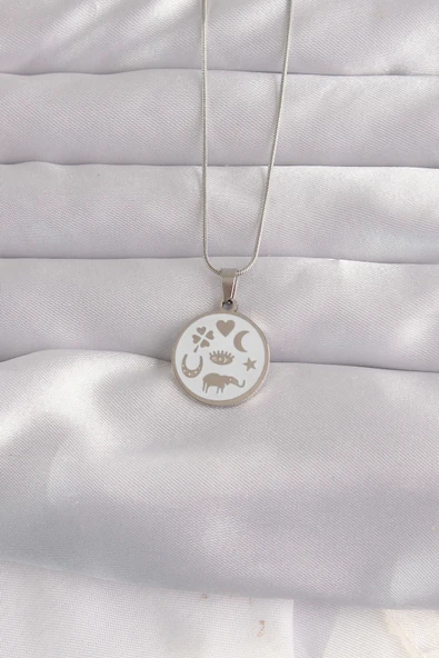 HEYF 316L Çelik Gümüş Renk Beyaz Mineli Karışık Figürlü Tarot Kolye ürün görseli