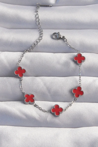 HEYF 316L Çelik Baby Boy Gümüş Renk Kırmızı Mineli Yonca Bileklik ürün görseli 1