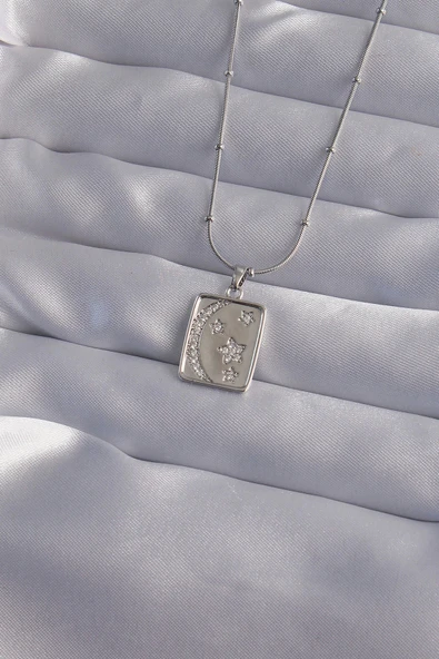 HEYF 316L Çelik Zincir Gümüş Renk Zirkon Taşlı Ay Yıldız Figürlü Tarot Kolye ürün görseli 1