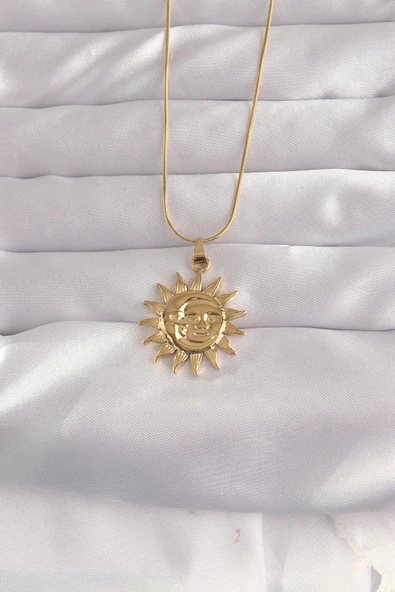HEYF 316L Çelik Gold Renk Güneş Figür Vintage Kolye