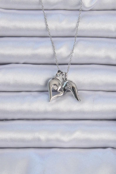 HEYF 316L Çelik Zincir Gümüş Renk Zirkon Taşlı Mıknatıslı Kalp Kolye - Resim 2