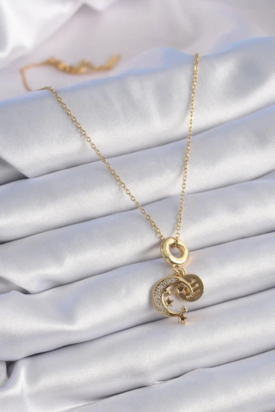 HEYF 316L Çelik Gold Renk Zirkon Taşlı Ay Yıldız  Model Charm Model Kadın Kolye - Resim 2