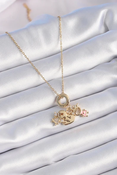 HEYF 316L Çelik Gold Renk Zirkon Taş Detay Çocuk Figür Charm Model Kadın Kolye - 2