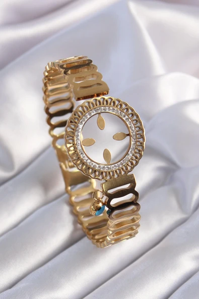 HEYF 316L Çelik Gold Renk Çeyrek Altın Takılabilen Zirkon Taş İşleme Detay Kadın Bileklik ürün görseli 1