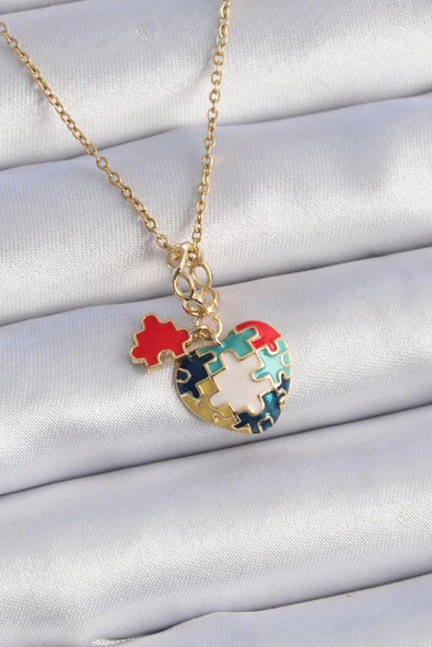 HEYF 316L Çelik Gold Renk Yapboz Motif Kalp Figür Charm Model Kadın Kolye