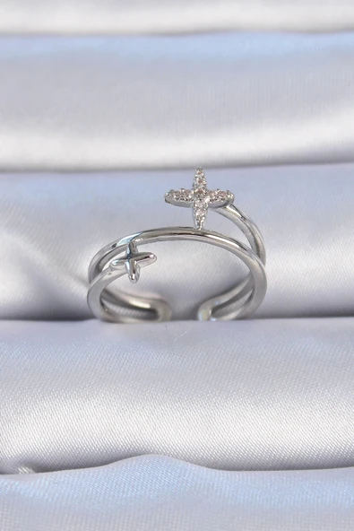 HEYF Pirinç Gümüş Renk Zirkon Taşlı Yıldız Model Kadın Yüzük ürün görseli 1