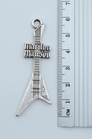 Marilyn Manson Elektro Gitar Gümüş Kaplama Deri İp Kolye - Resim 3
