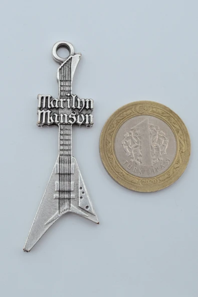 Marilyn Manson Elektro Gitar Gümüş Kaplama Deri İp Kolye - Resim 4