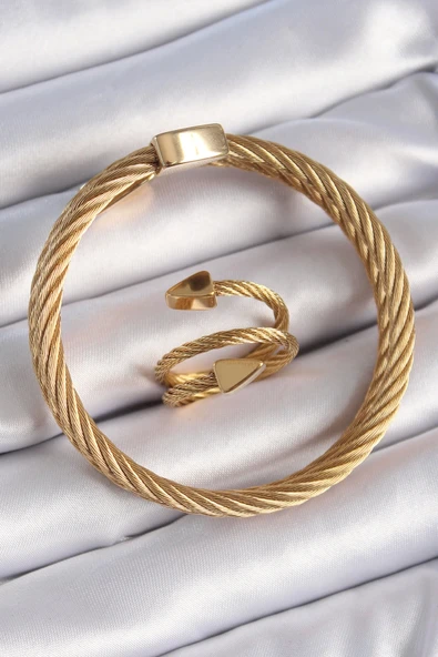 HEYF 316L Çelik Gold Renk Sarmal Model Erkek Bileklik Yüzük Kombini