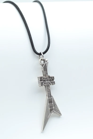 Marilyn Manson Elektro Gitar Gümüş Kaplama Deri İp Kolye ürün görseli 1