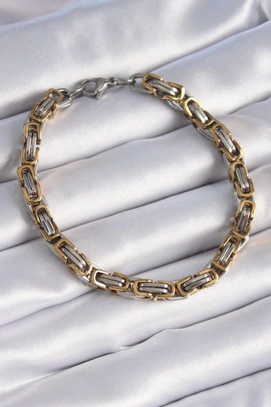 HEYF 316L Çelik Gümüş Gold Renk Kral Zincir Model Erkek Bileklik