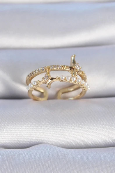 HEYF Pirinç Gold Renk Zirkon Taşlı İnci Detay Kutup Yıldızı Model Kadın Yüzük ürün görseli 1