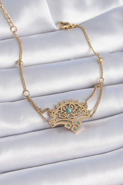 HEYF 316L Çelik Gold Renk Mavi Taşlı Etnik Desen Kadın Bileklik ürün görseli 1