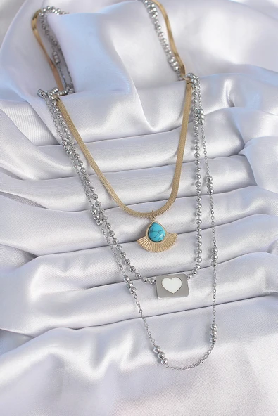 HEYF 316L Çelik Mix Renk 3'lü Zincir Damla Madalyon Figür Uzun Kadın Kolye - Resim 2