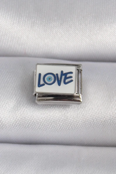 HEYF 316L Çelik Gümüş Renk Beyaz Mavi Love Yaz İşlemeli Nomination Charm ürün görseli 1