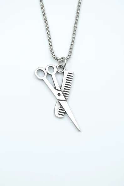 Berber - Makas - Tarak Gümüş Kaplama Örme Zincir Kolye ürün görseli