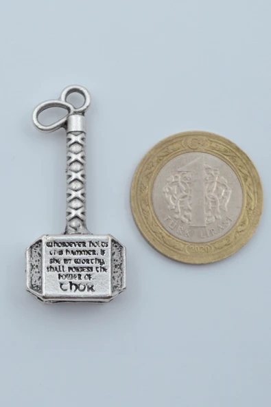 Thor Çekici Gümüş Kaplama Örme Zincir Kolye - Resim 4