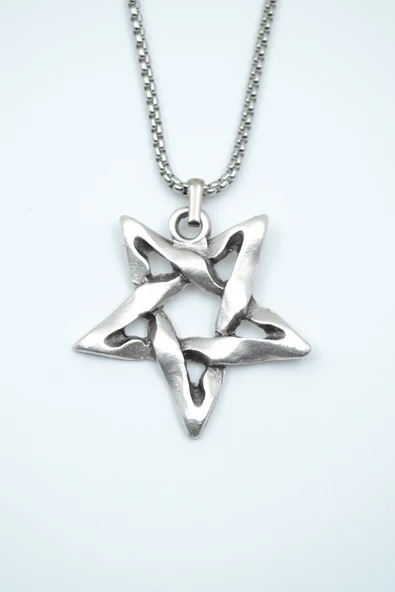Pentagram Gümüş Kaplama Örme Zincir Kolye
