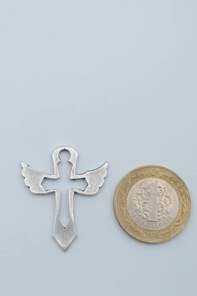 Kanatlı Haç Gümüş Kaplama Örme Zincir Kolye - Resim 4