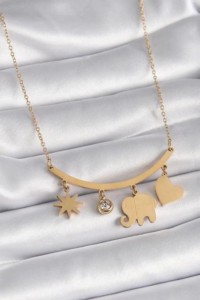 HEYF 316L Çelik Gold Renk Fil Figür Zirkon Taş Detay Kadın Kolye
