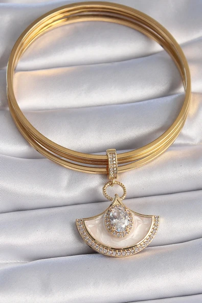 HEYF Pirinç Gold Renk Zirkon Taş Detaylı Beyaz Mineli Ajda Charm - 2