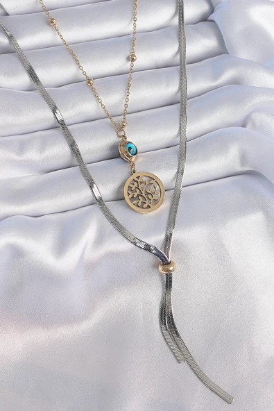 HEYF 316L Çelik Mix Renk Filiz Figür Nazar Boncuk Detay Uzun Kadın Kolye ürün görseli 1