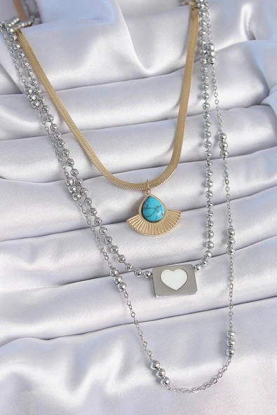 HEYF 316L Çelik Mix Renk 3'lü Zincir Damla Madalyon Figür Uzun Kadın Kolye ürün görseli 1