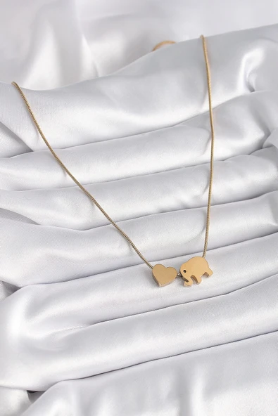 HEYF 316L Çelik Gold Renk Fil Kalp Figürlü Kadın Kolye - Resim 2