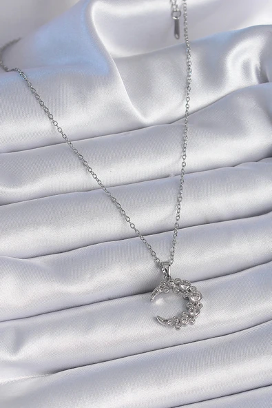 HEYF 316L Çelik Zincir Gümüş Renk Zirkon Taşlı Hilal Model Kadın Kolye - Resim 2