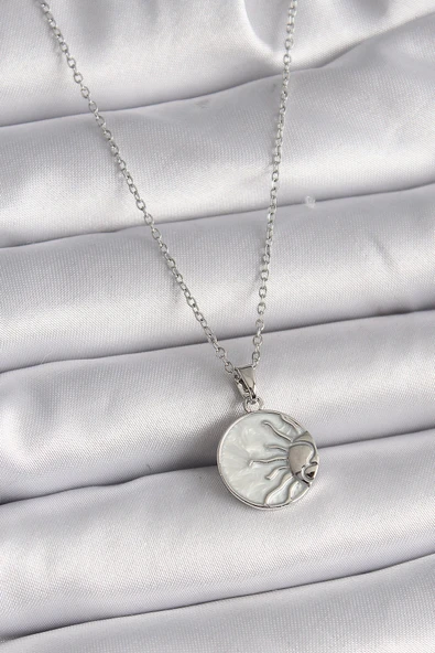 HEYF 316L Çelik Gümüş Renk Zincir Beyaz Sedefli Gün Batımı Model Kadın Kolye ürün görseli 1