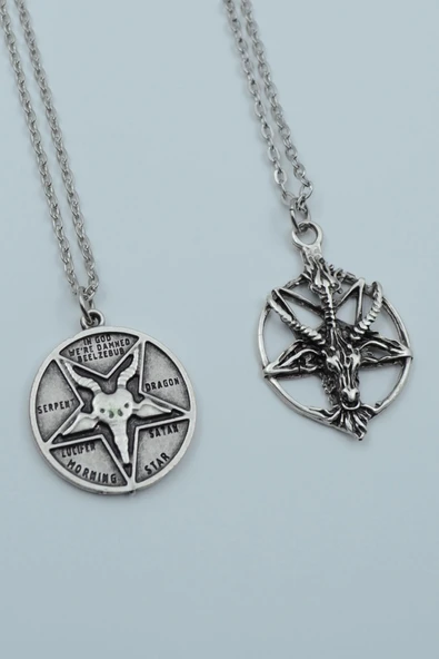 2'li Lucifer Morning Star Ters Pentagram Keçi Kafası Gümüş Kaplama Kolye Seti
