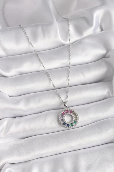 HEYF 316L Çelik Gümüş Renk Zincir Renkli Zirkon Taşlı Madalyon Model Kadın Kolye - Resim 2
