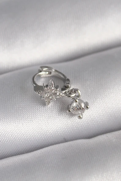 HEYF 316L Çelik Gümüş Renk Zirkon Taşlı Çiçek Model Sallantı Detay Tragus Piercing