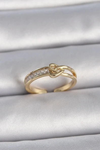 HEYF Pirinç Gold Renk Ayarlanabilir Zirkon Taşlı Düğüm Kalp Model Kadın Yüzük ürün görseli 1