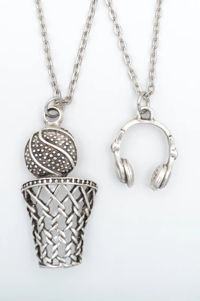 2'li Kulaklık - Basket Topu - File - Pota Gümüş Kaplama Kolye Seti ürün görseli